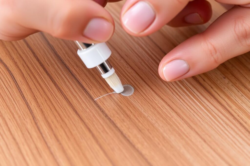 Aplikacja bezbarwnego lakieru do paznokci na rysę na panelu podłogowym Aplikacja bezbarwnego lakieru do paznokci na rysę na panelu podłogowym