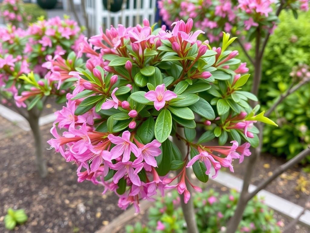 Azalia japońska na pniu z drobnymi różowymi kwiatami w ogrodzie Azalia japońska na pniu z drobnymi różowymi kwiatami w ogrodzie