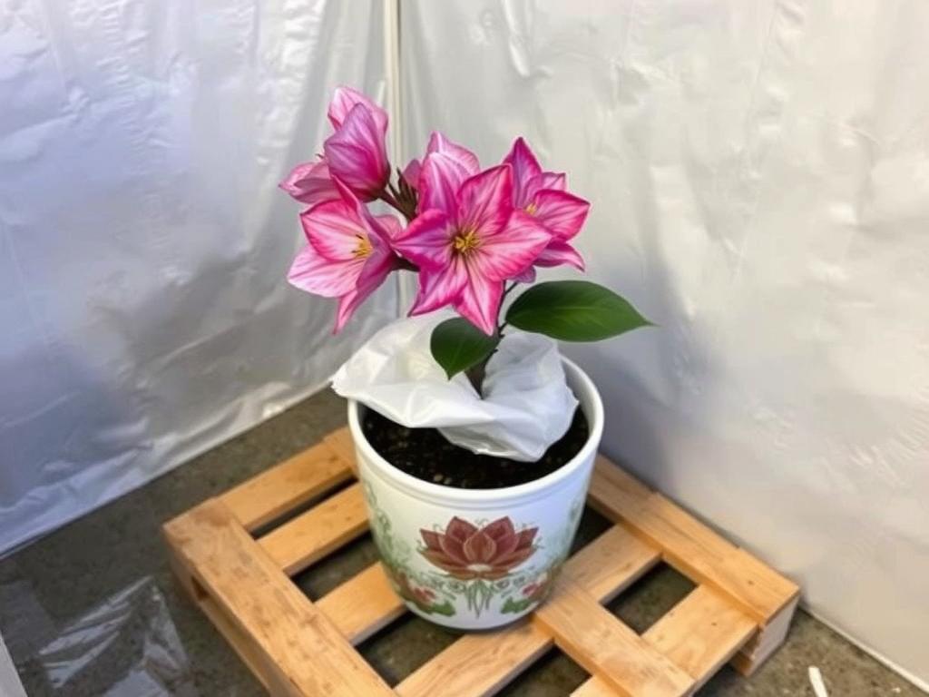 Azalia japońska w donicy przygotowana do zimowania w chłodnym pomieszczeniu Azalia japońska w donicy przygotowana do zimowania w chłodnym pomieszczeniu