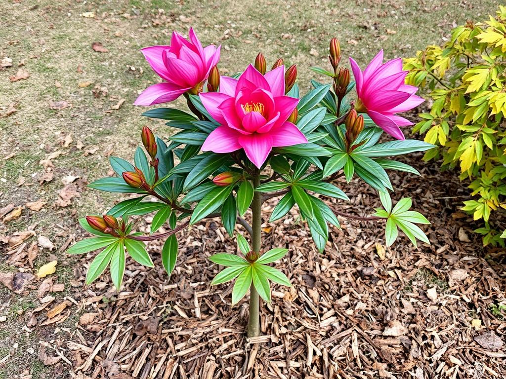 Azalia na pniu w ogrodzie jesienią przygotowana do zimy Azalia na pniu w ogrodzie jesienią przygotowana do zimy