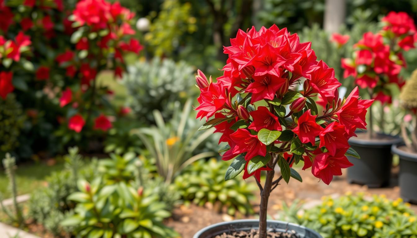 Azalia na pniu w ogrodzie kwitnąca intensywnie czerwonymi kwiatami