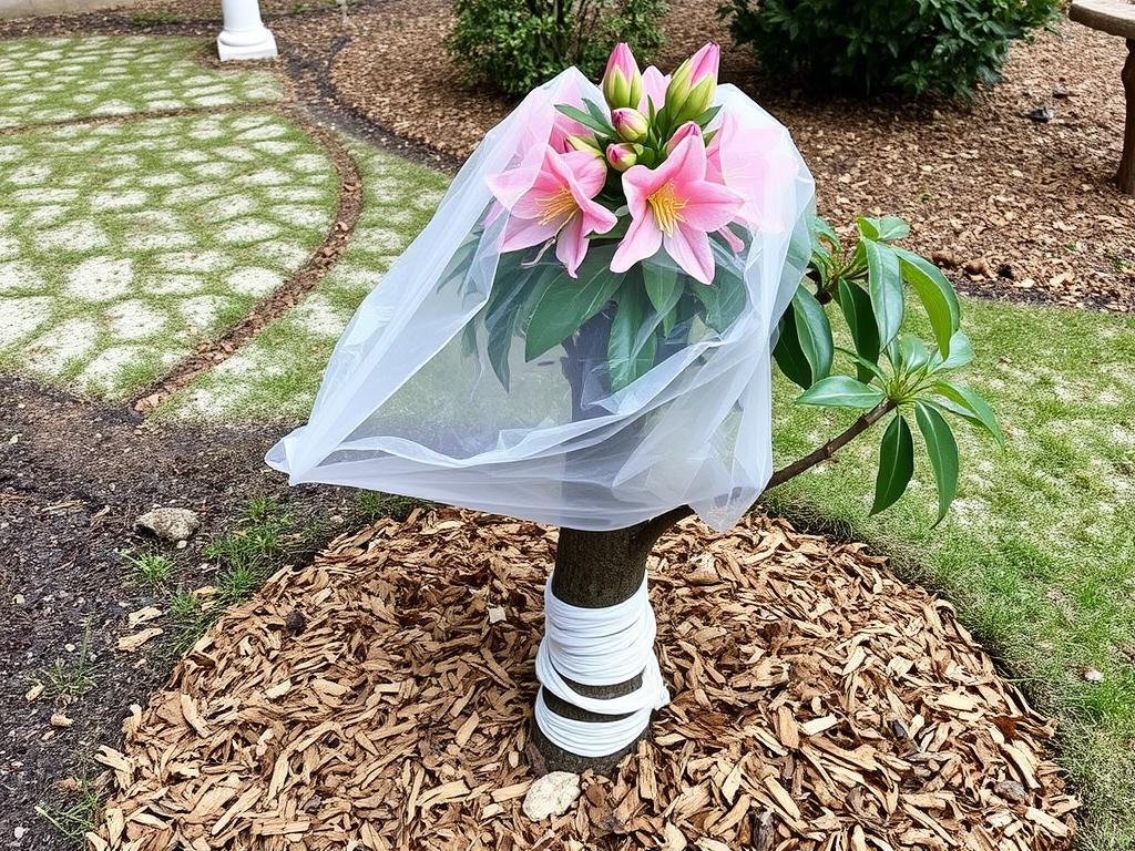 Azalia na pniu w ogrodzie zabezpieczona na zimę agrowłókniną Azalia na pniu w ogrodzie zabezpieczona na zimę agrowłókniną