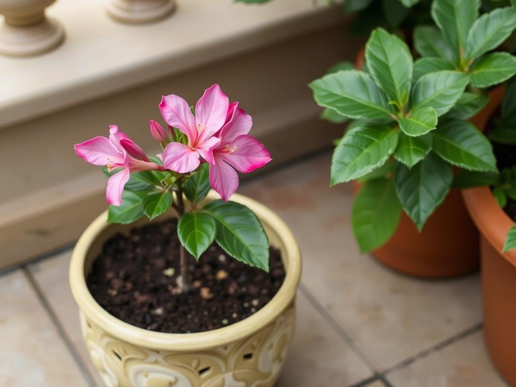 Azalia na pniu w ozdobnej donicy na tarasie Azalia na pniu w ozdobnej donicy na tarasie