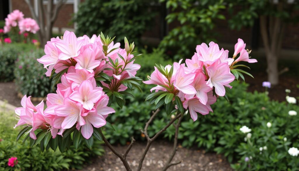 Azalia na pniu w pełnym kwitnieniu jako centralny punkt ogrodu Azalia na pniu w pełnym kwitnieniu jako centralny punkt ogrodu