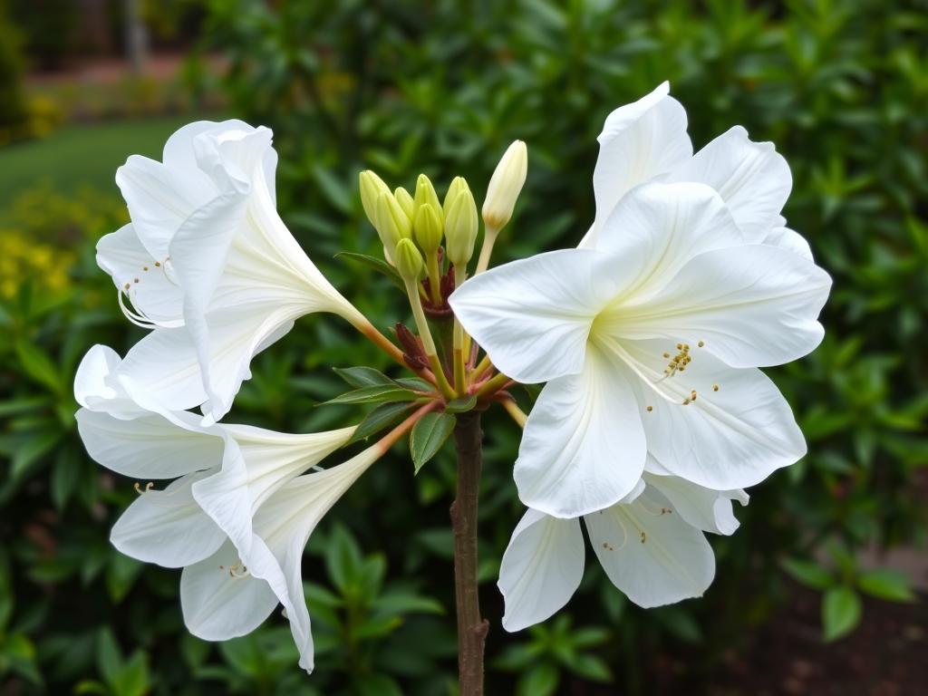 Azalia wielkokwiatowa na pniu z dużymi białymi kwiatami w ogrodzie Azalia wielkokwiatowa na pniu z dużymi białymi kwiatami w ogrodzie