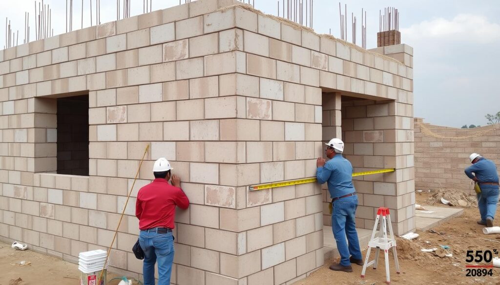 Budowa domu z widocznymi ścianami z pustaków w różnych etapach wznoszenia Budowa domu z widocznymi ścianami z pustaków w różnych etapach wznoszenia