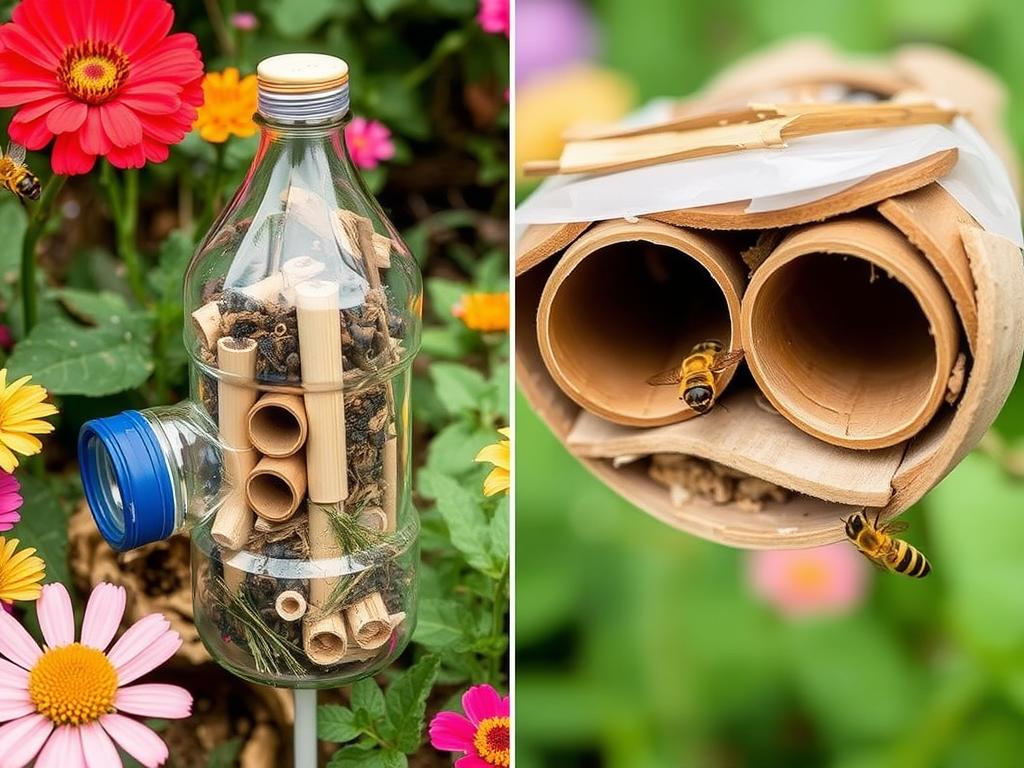 Domek dla owadów z butelki plastikowej umieszczony w ogrodzie wśród kwiatów