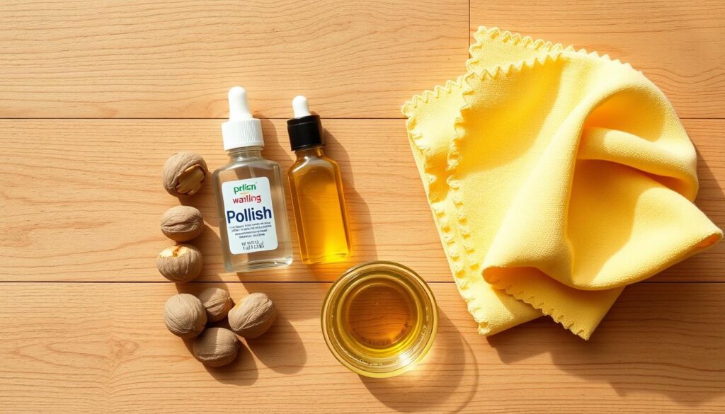 Domowe produkty używane do usuwania rys z paneli, takie jak orzechy, lakier do paznokci i oleje Domowe produkty używane do usuwania rys z paneli, takie jak orzechy, lakier do paznokci i oleje