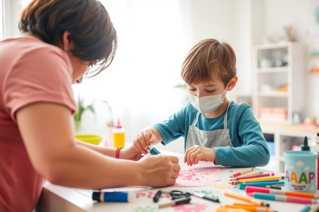 Dziecko pod nadzorem dorosłego używające kleju wikol do pracy plastycznej Dziecko pod nadzorem dorosłego używające kleju wikol do pracy plastycznej