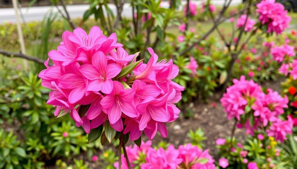 Kwitnąca azalia na pniu w ogrodzie wiosną Kwitnąca azalia na pniu w ogrodzie wiosną