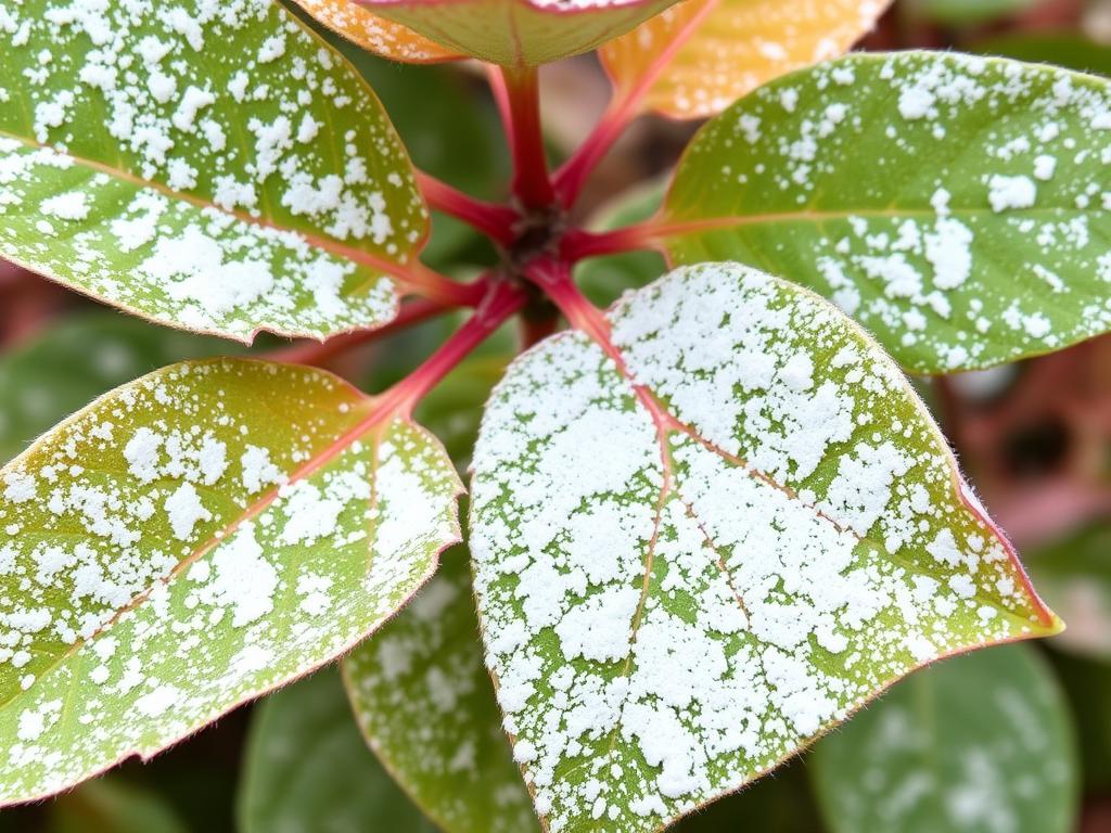 Liście azalii na pniu zaatakowane przez mączniaka Liście azalii na pniu zaatakowane przez mączniaka