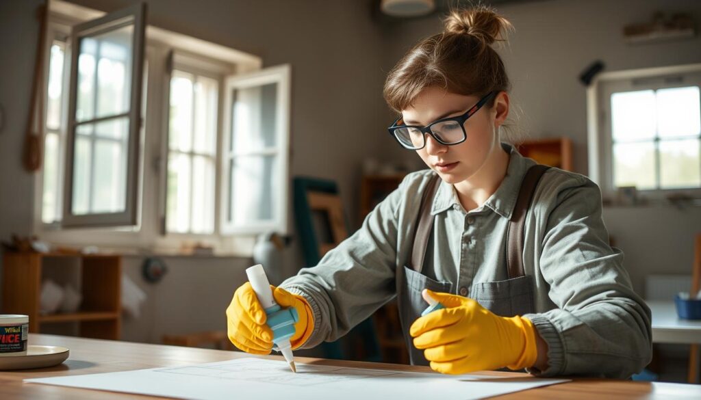 Osoba stosująca środki ochronne podczas pracy z klejem wikol Osoba stosująca środki ochronne podczas pracy z klejem wikol