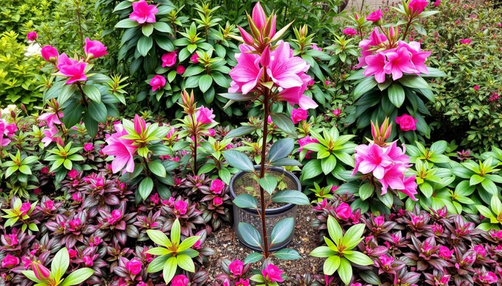 Pięknie zaaranżowany ogród z azalią na pniu jako centralnym punktem Pięknie zaaranżowany ogród z azalią na pniu jako centralnym punktem
