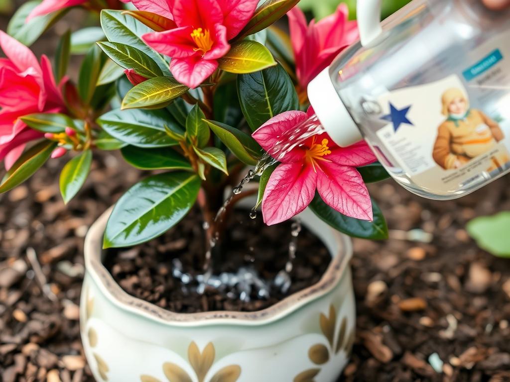 Podlewanie azalii na pniu w ogrodzie Podlewanie azalii na pniu w ogrodzie