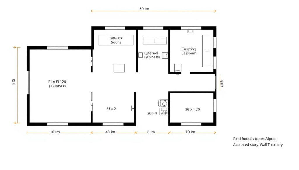 Rzut domu parterowego o powierzchni 120 m² z zaznaczonymi ścianami zewnętrznymi i wewnętrznymi Rzut domu parterowego o powierzchni 120 m² z zaznaczonymi ścianami zewnętrznymi i wewnętrznymi